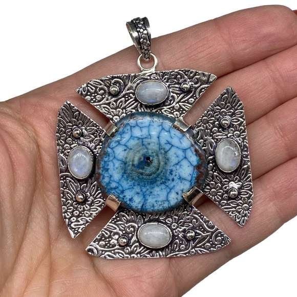 Blue Solar Quartz Rainbow Moonstone Necklace Pendant 925 Sterling Silver Overlay - Picture 1 of 3